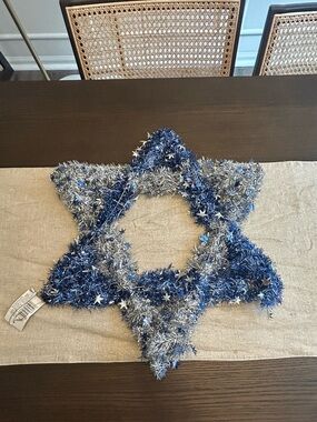 Star of David Hanukkah Wreath – Blue & Silver Tinsel Holiday Decor